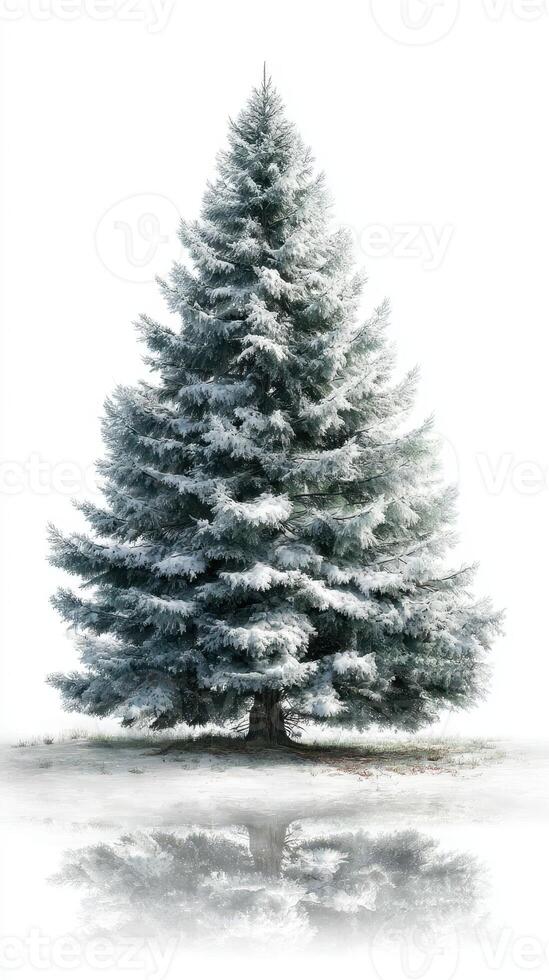 Snow-covered evergreen tree reflects in serene winter landscape with fog and soft light photo