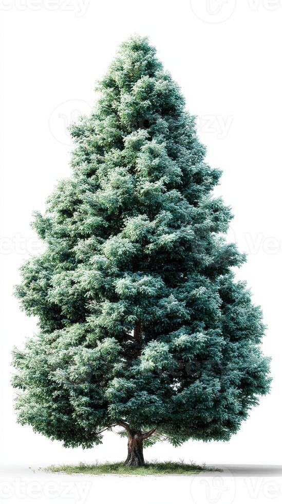 Tall green evergreen tree standing alone with dense foliage in a bright, clear setting photo