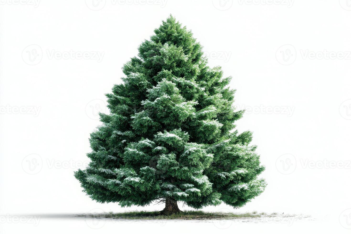 Evergreen tree standing alone in a snowy landscape during wintertime with a clear white background photo