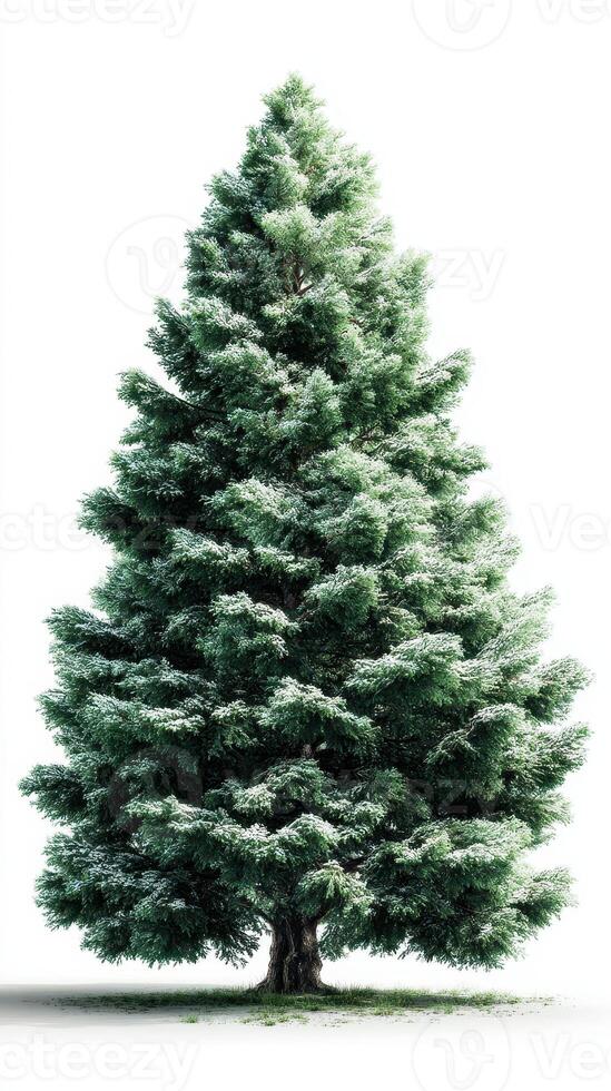 Lush evergreen tree with snow-covered branches in a bright white environment during winter season photo