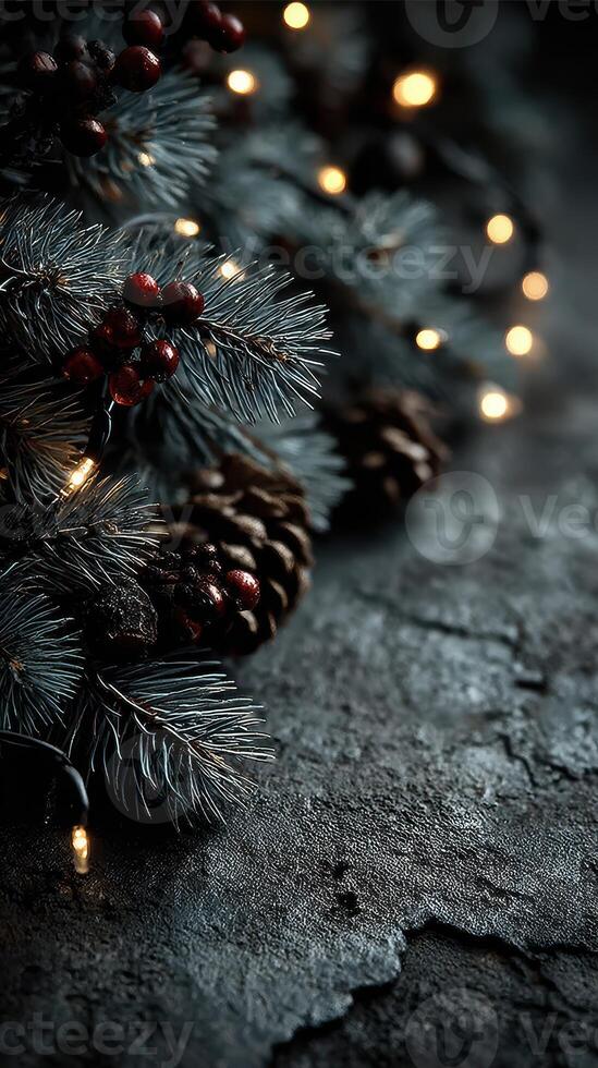 Decorative pine branches with warm lights and pine cones create a cozy winter ambiance photo