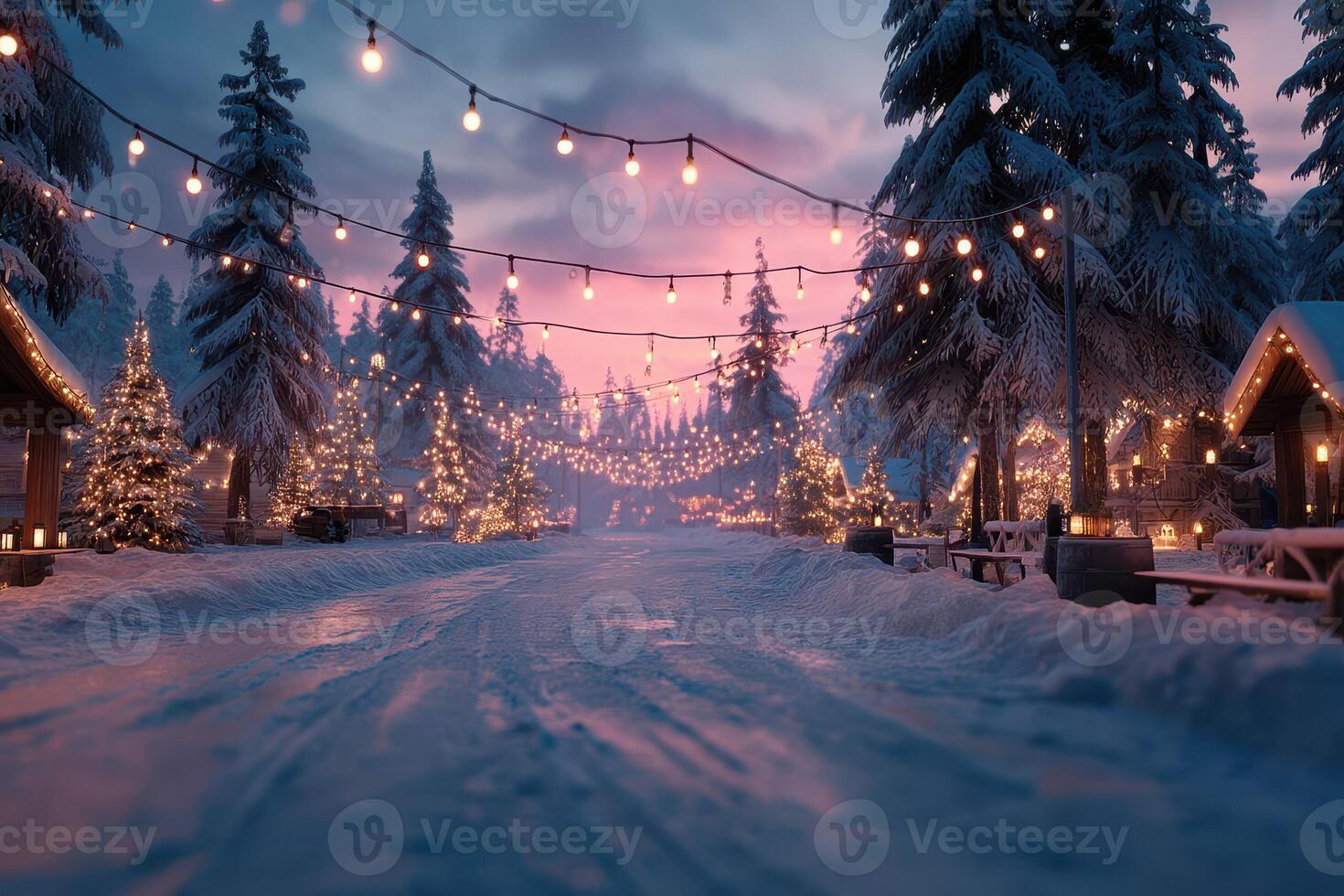 Winter village at twilight with glowing lights and snow-covered trees creating a festive atmosphere photo