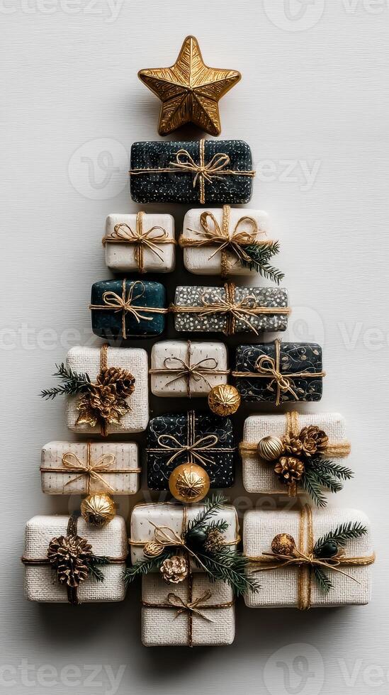 Unique Christmas tree made from decorative gift boxes arranged creatively on a neutral background photo
