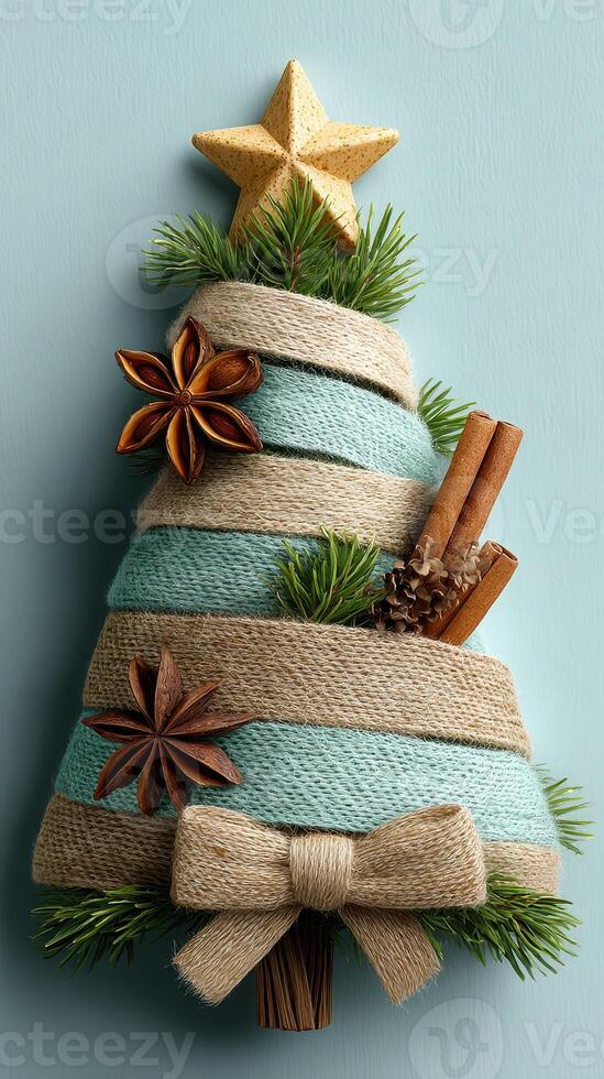 Unique handmade Christmas tree decoration featuring natural elements and rustic charm in a festive arrangement photo