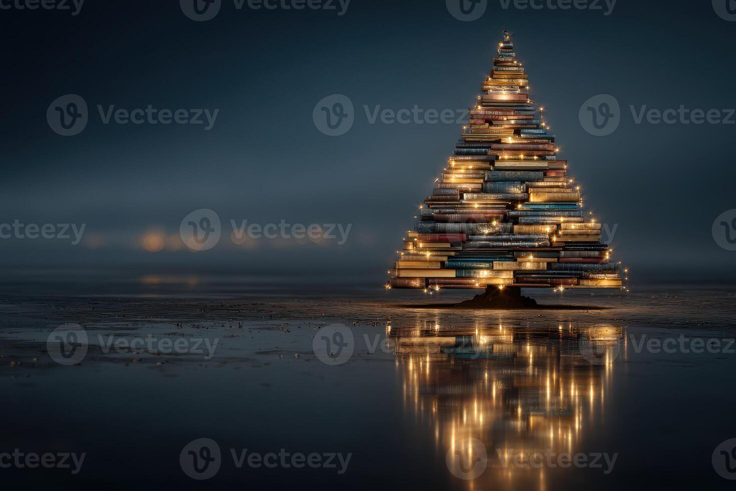 Unique Christmas tree made of stacked books illuminated with warm lights in a serene night setting photo