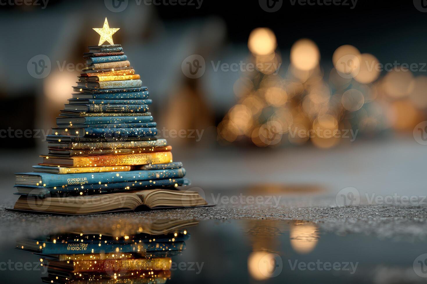 Creative arrangement of books resembling a Christmas tree with soft bokeh lights in a cozy setting during the holiday season photo