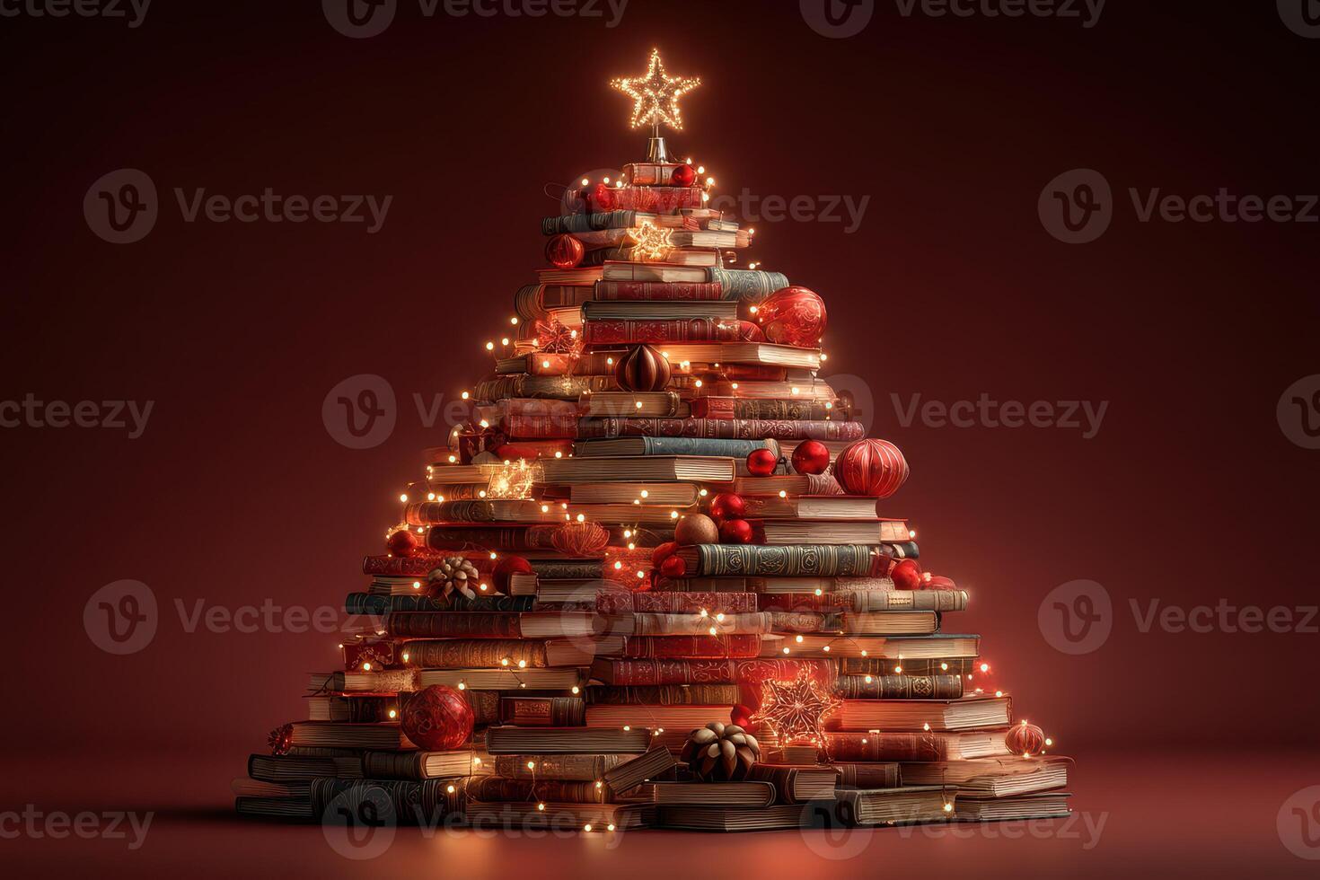 Creative holiday decor featuring stacked books arranged as a Christmas tree with lights and ornaments photo