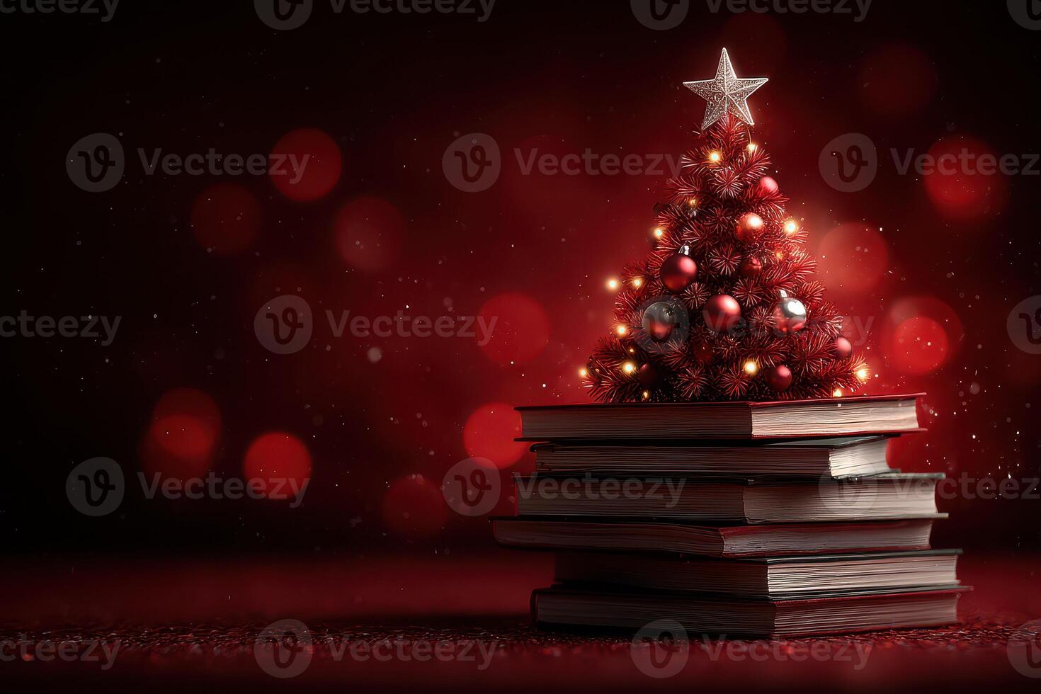 Christmas tree decorated with ornaments on top of a stack of books in a cozy setting during the holiday season photo