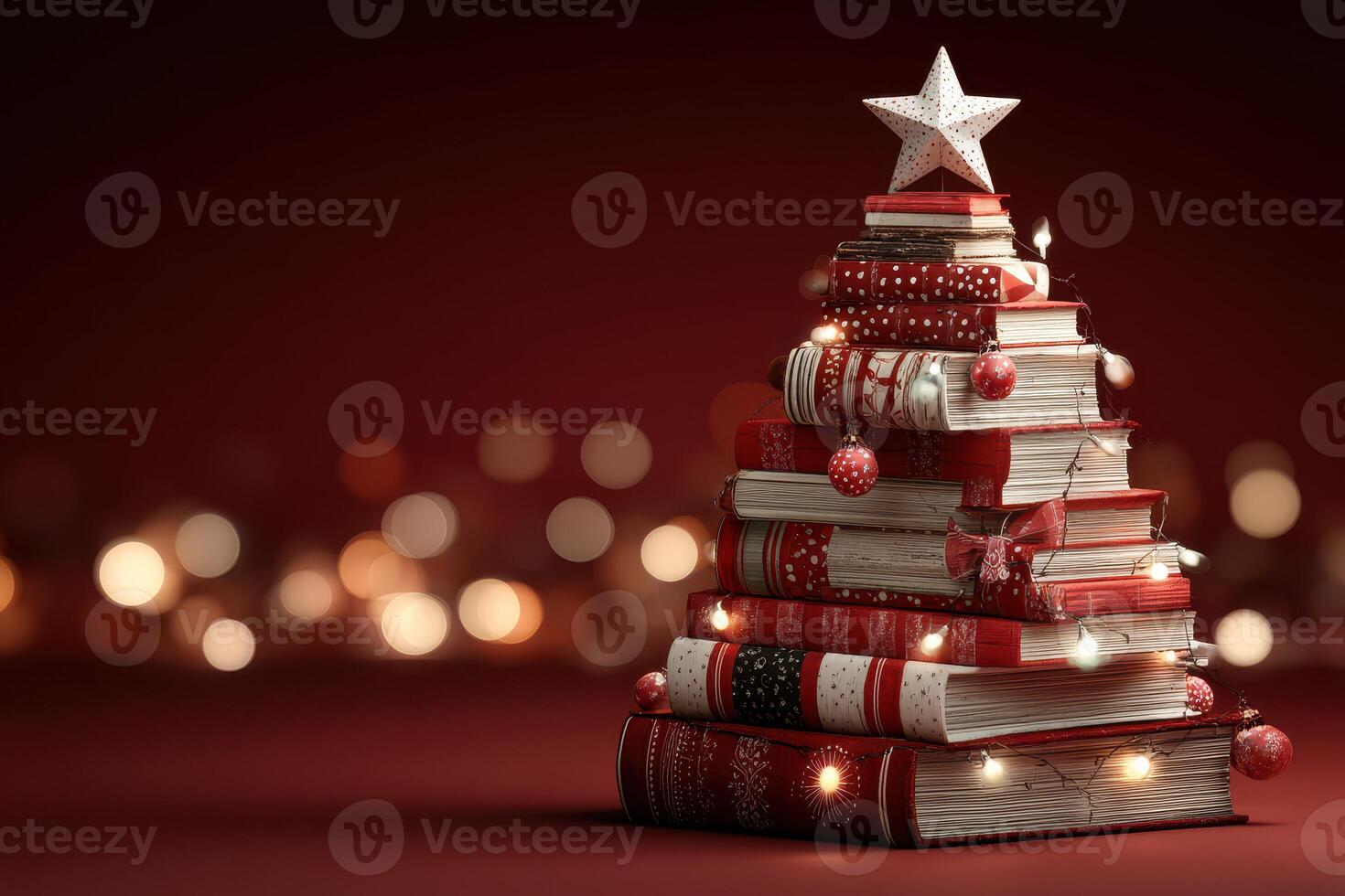 Creative book-shaped Christmas tree decorated with lights and ornaments for a festive atmosphere photo
