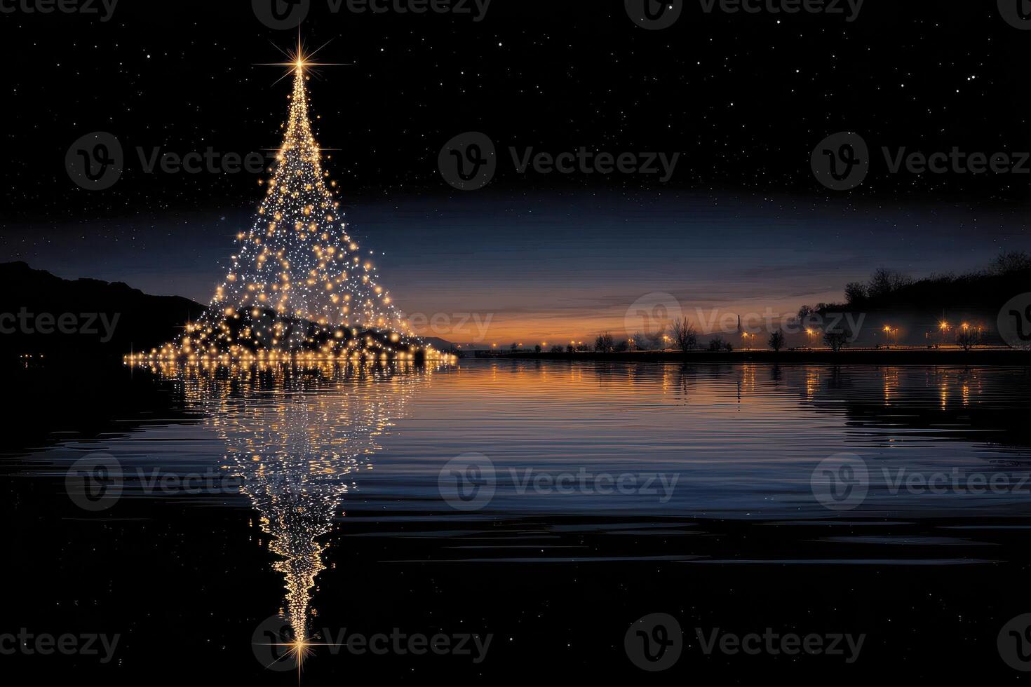 Beautifully illuminated Christmas tree reflection over calm water at dusk during the holiday season photo