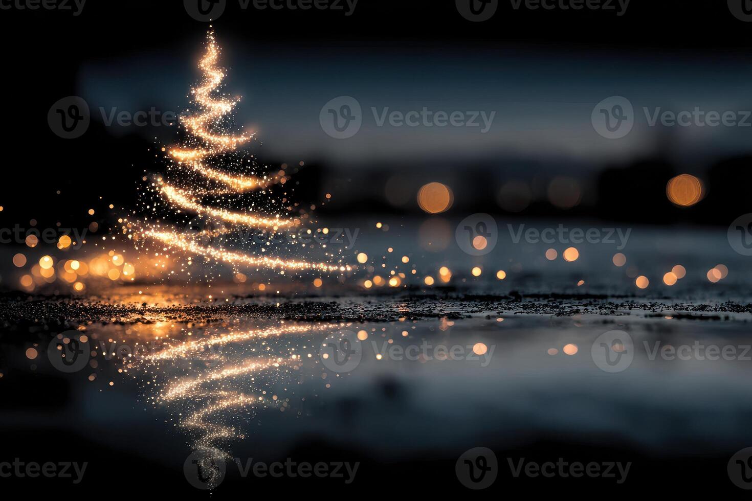 Magical glowing Christmas tree reflecting on water at dusk with bokeh lights in the background photo