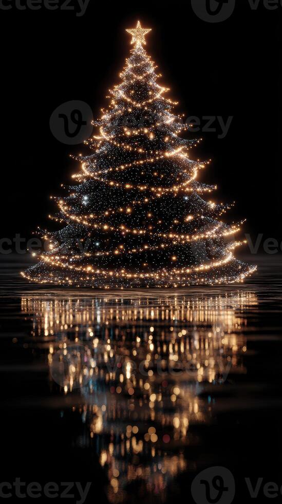 Glowing Christmas tree decorated with lights reflecting on dark water surface during festive season photo