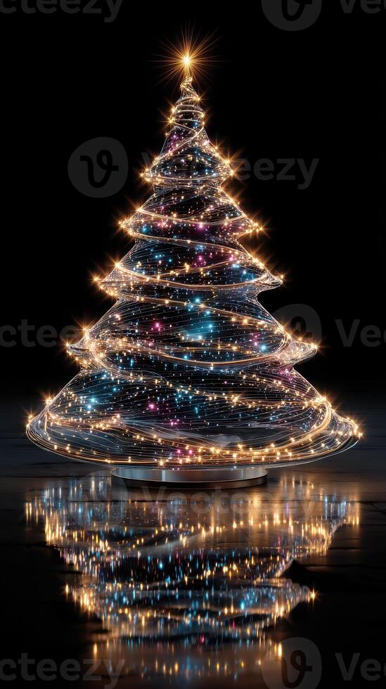 Intricately designed Christmas tree illuminated with colorful lights and sparkles against a black background photo