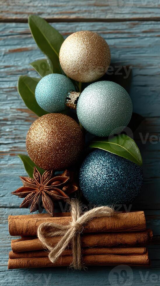 Decorative arrangement of festive ornaments and spices on rustic wooden background photo