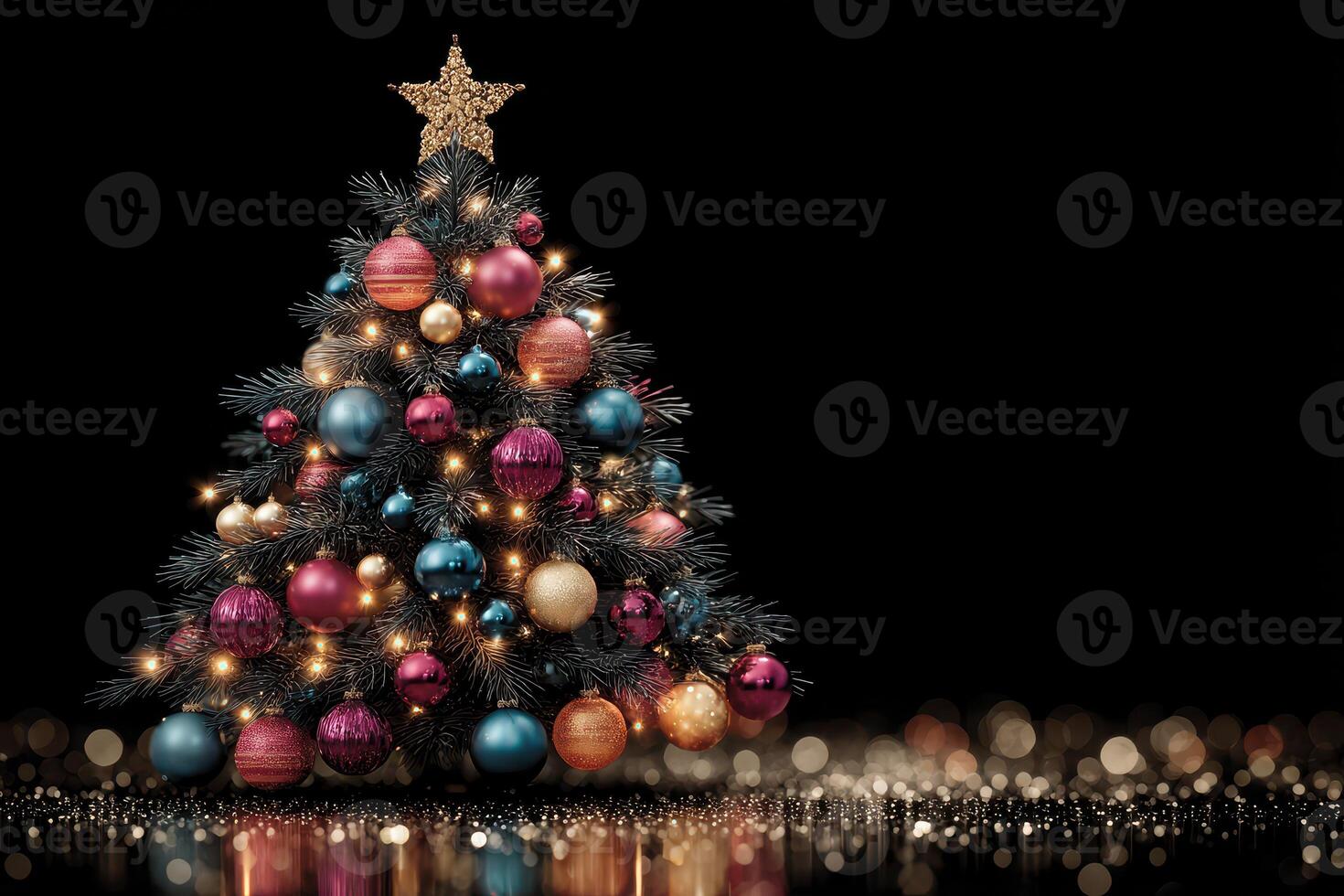Colorful Christmas tree decorated with ornaments and lights set against a black backdrop for festive holiday celebrations photo