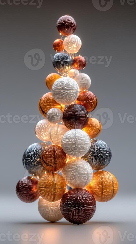 Unique decorative arrangement of basketballs illuminated with soft lights for a festive display photo