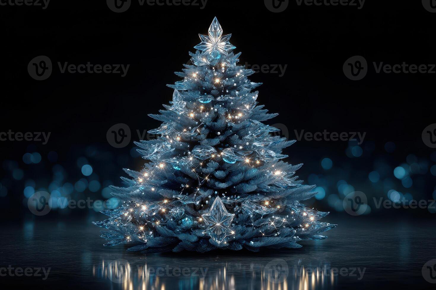 Elegant blue Christmas tree adorned with shimmering lights and star decorations, creating a magical holiday atmosphere photo