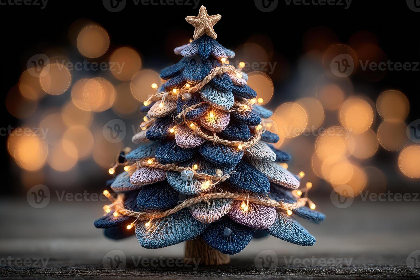 Creative handcrafted Christmas tree decorated with lights and ornaments, showcasing a unique design and festive spirit in a cozy setting photo