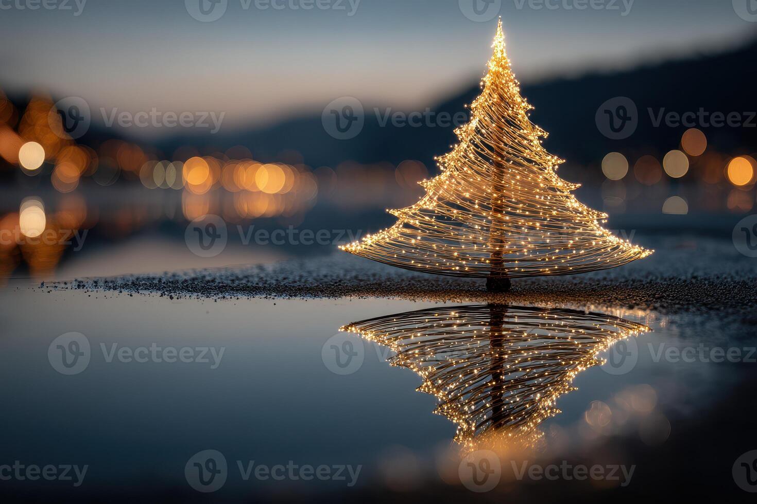 Beautiful lighted Christmas tree reflecting on calm water at dusk near a scenic landscape photo