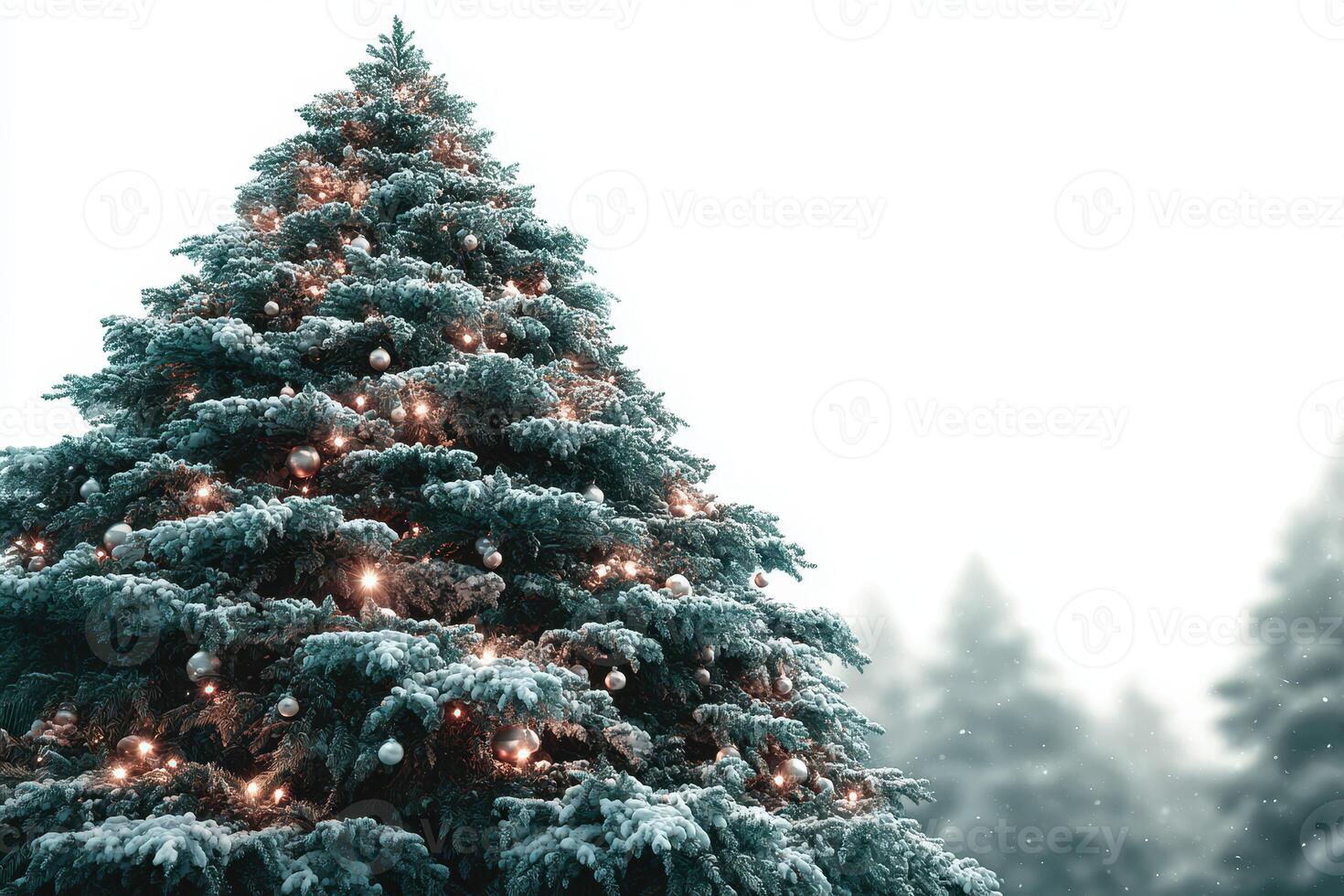 Festive evergreen tree adorned with lights and ornaments in a snowy winter landscape photo