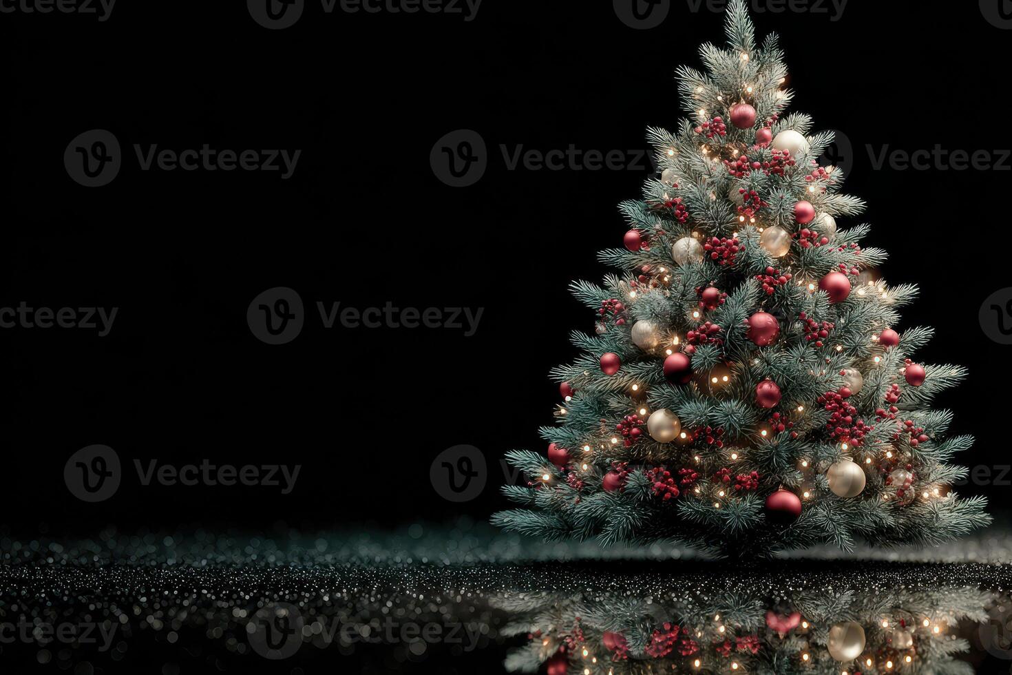 Beautifully decorated Christmas tree with ornaments and lights reflecting on dark background photo