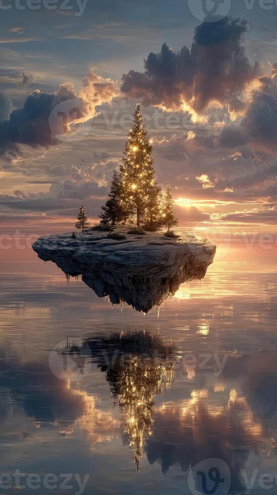 Floating island with glowing trees at sunset over calm water landscape photo