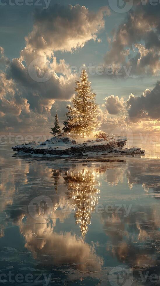 Winter landscape with illuminated evergreens reflecting on calm water during sunset photo