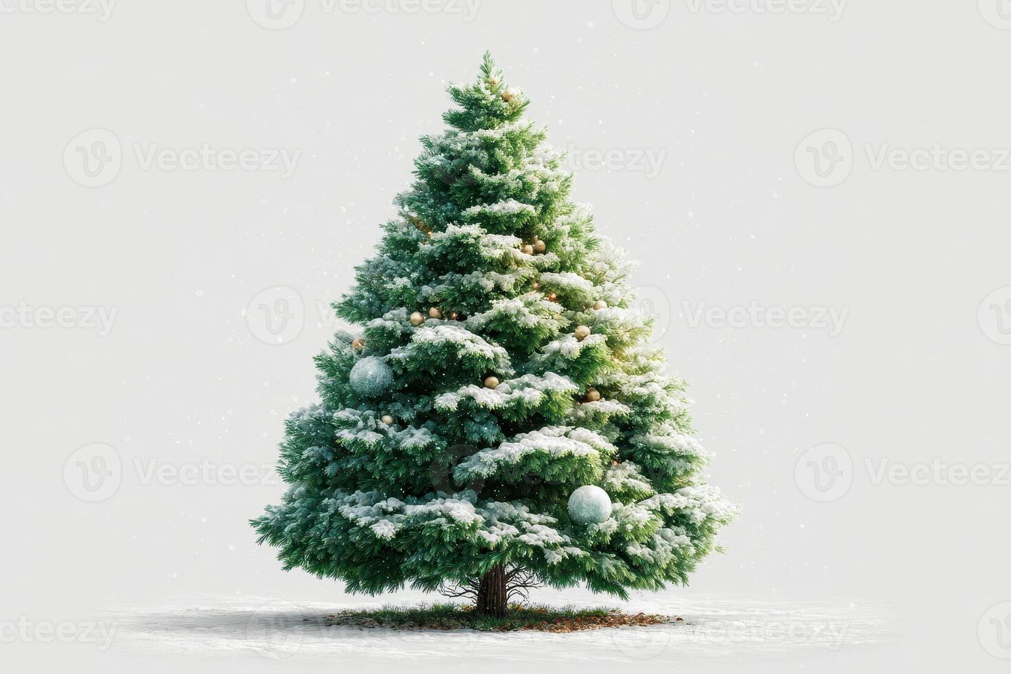 Beautiful snowy Christmas tree decorated with ornaments stands vibrant in a winter landscape during the holiday season photo