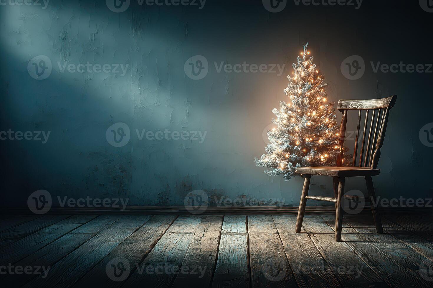 Cozy corner with a decorated Christmas tree and a wooden chair in a softly lit room photo