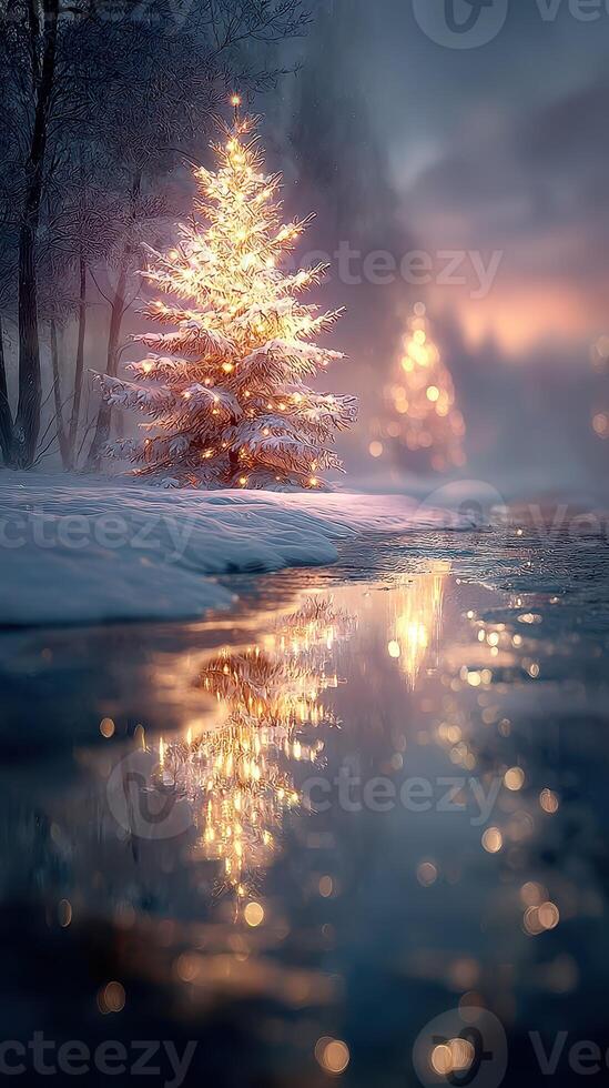 Winter evening with illuminated Christmas trees beside a tranquil snow-covered stream photo
