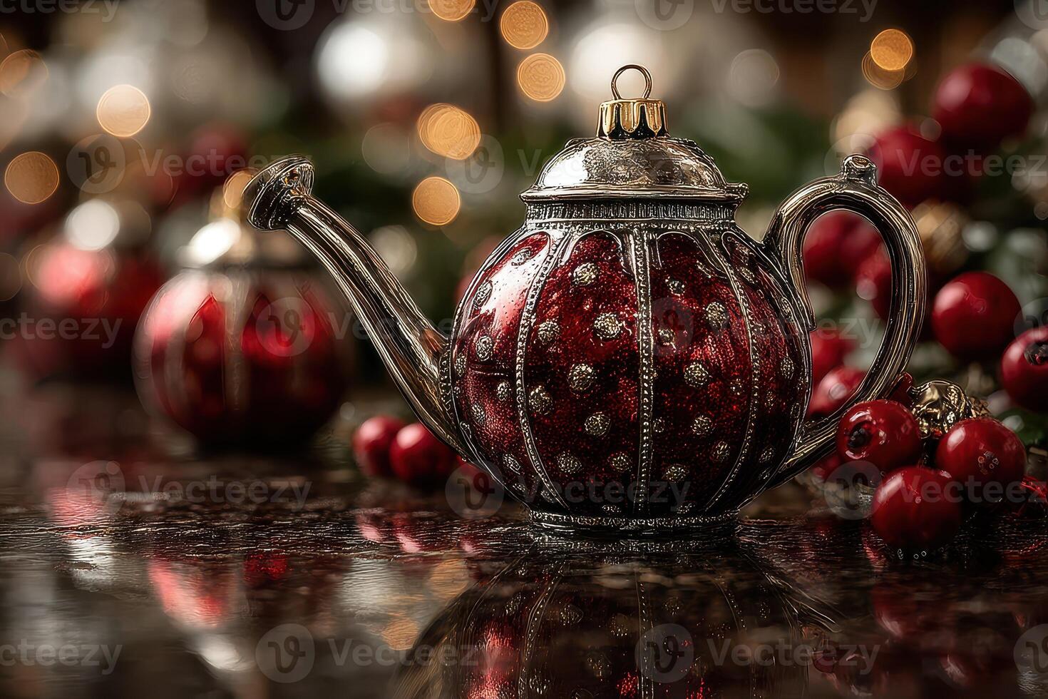 Festive silver teapot adorned with red and gold decorations on a dark table during a holiday gathering photo