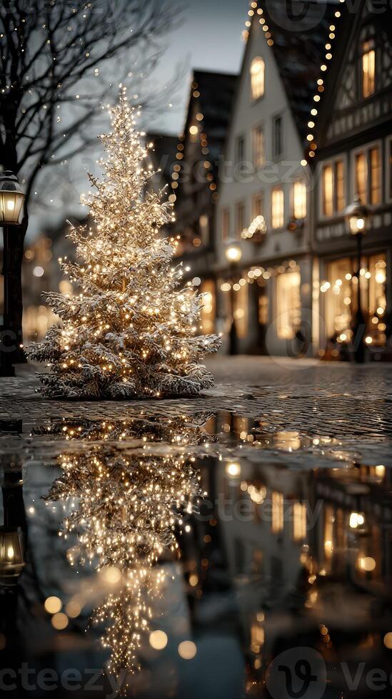 Illuminated Christmas tree reflects in puddle on cobblestone street in charming town square during evening photo