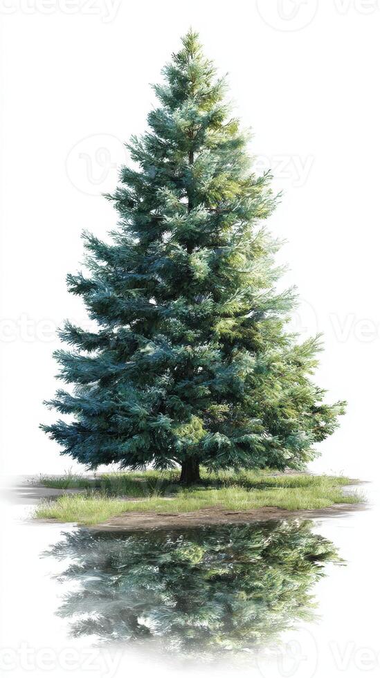 Majestic evergreen tree standing tall by a reflective water surface in a serene outdoor setting photo