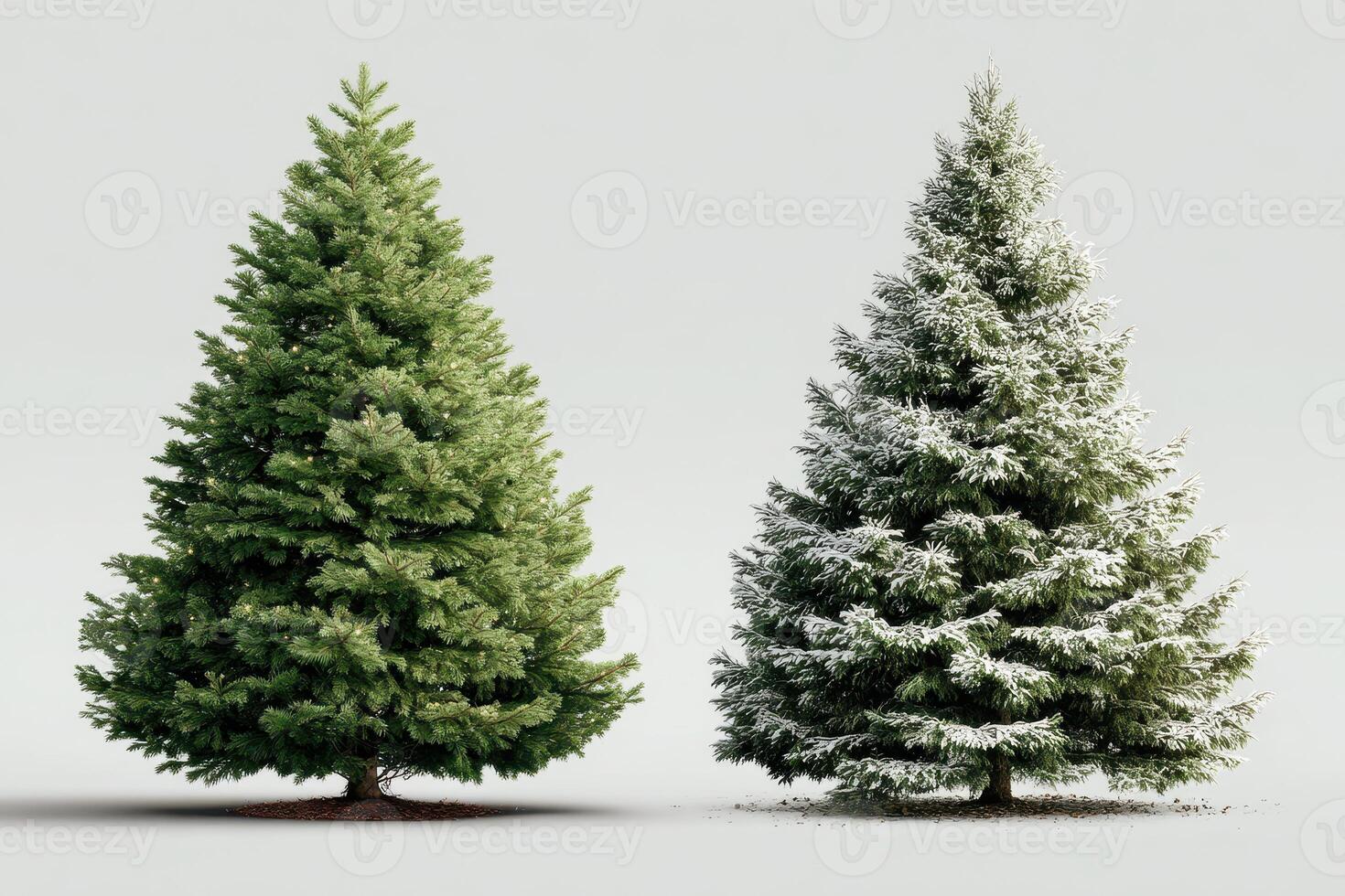 Green and snowy Christmas trees showcasing seasonal contrasts in a simple setting photo