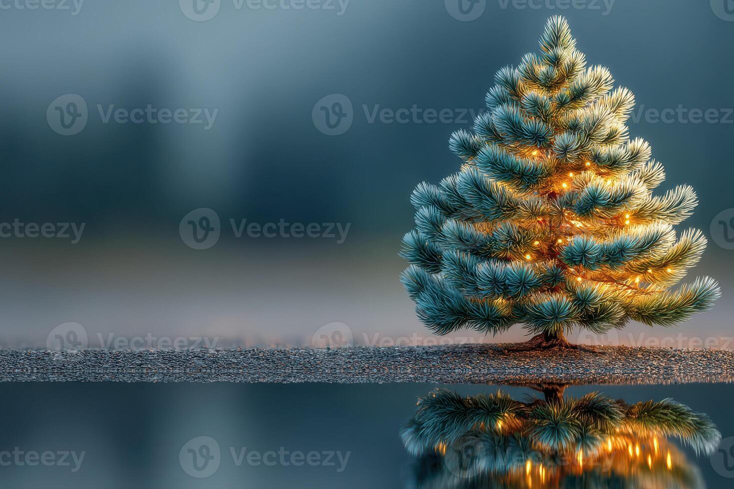 Pine tree adorned with lights reflecting in still water during twilight hours in a serene winter landscape photo