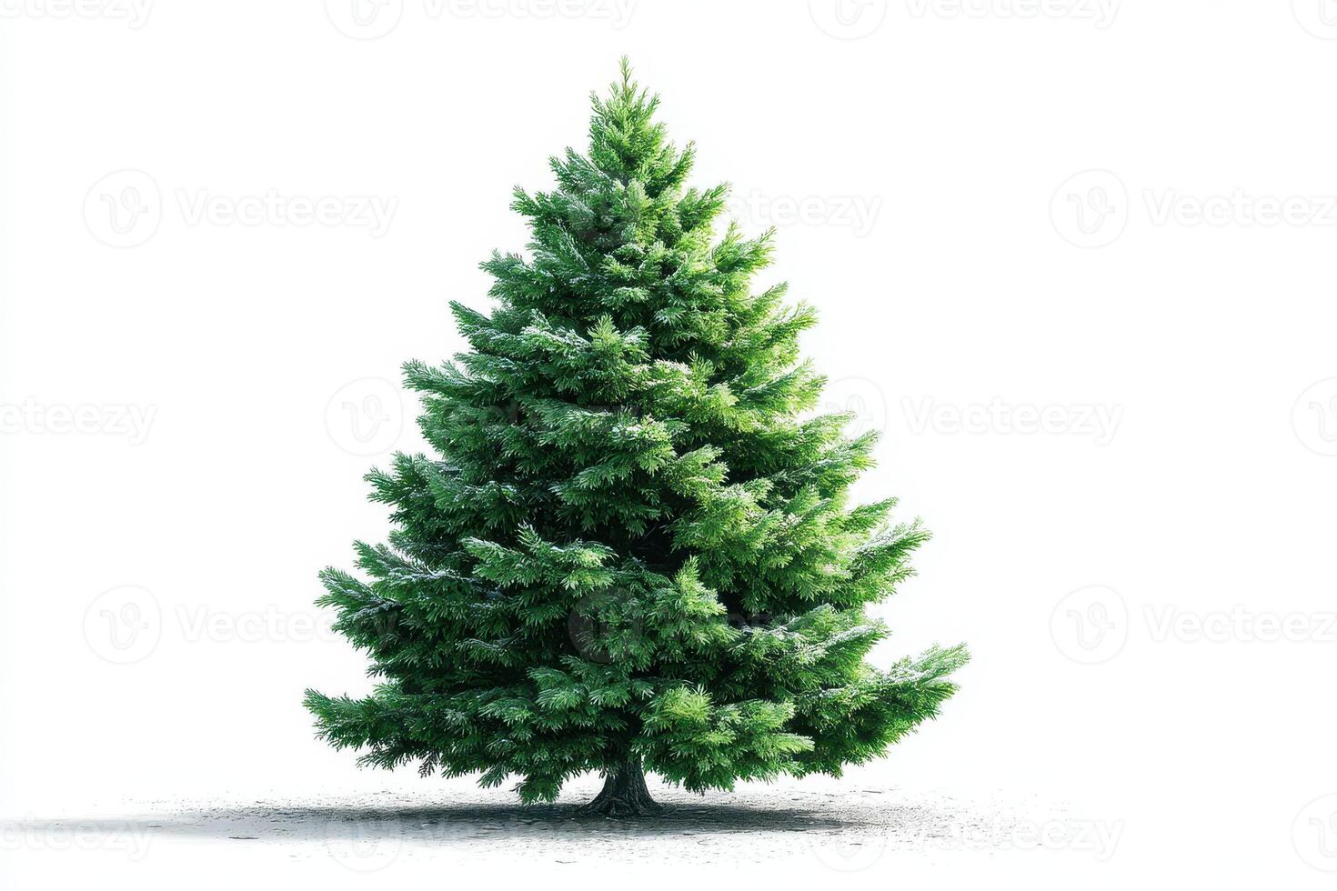 Lush green evergreen tree stands alone against a bright white background in winter setting photo