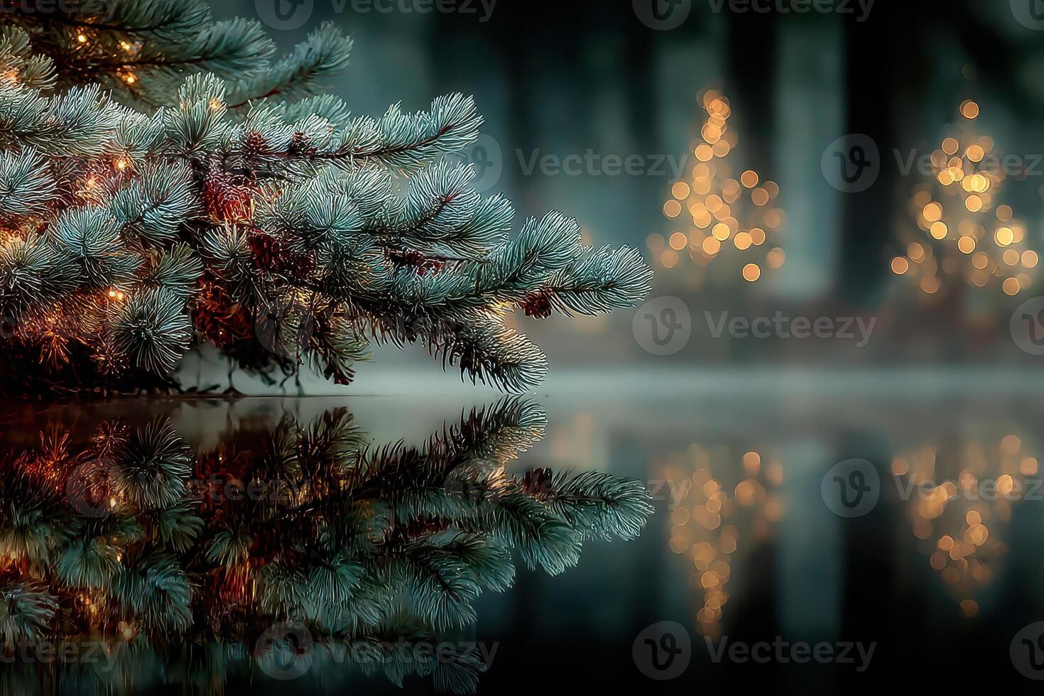 Winter landscape with evergreen branches and glowing lights reflecting in calm water at dusk photo