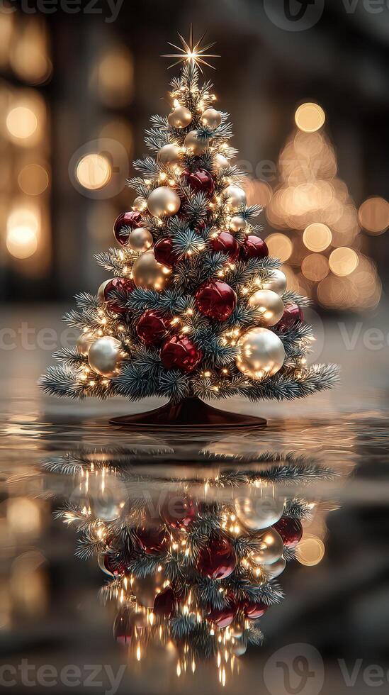 Festively decorated Christmas tree with red and gold ornaments reflecting on a shiny surface during the holiday season photo
