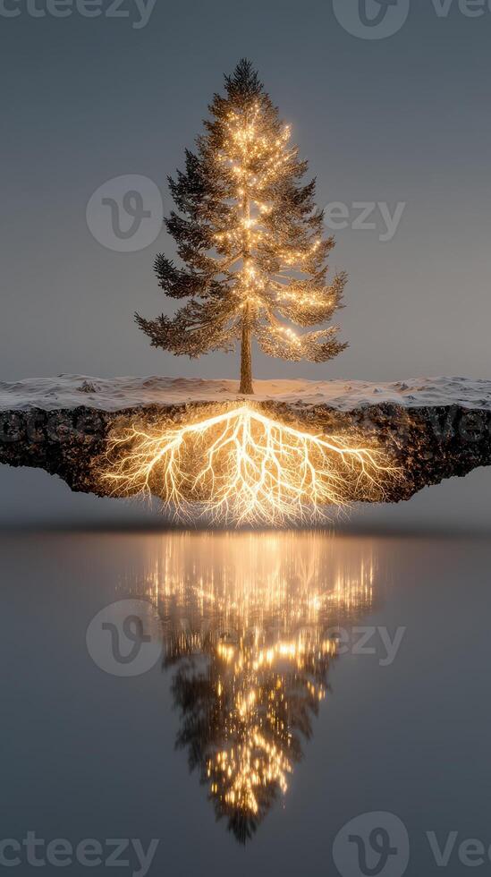 Magical tree with glowing roots and reflection in tranquil waters at dusk photo