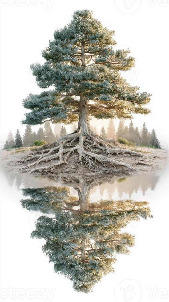 Majestic tree with exposed roots reflecting in still water at dawn in a serene forest landscape photo