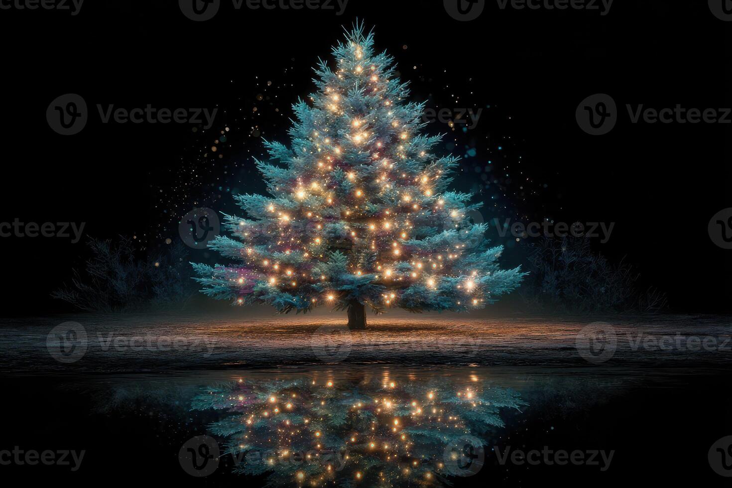 Beautifully lit Christmas tree shines brightly in the dark night during holiday celebrations photo