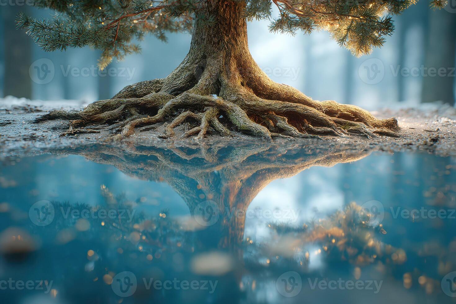 Roots of a tree reflected in calm water, creating a serene forest landscape at dawn photo