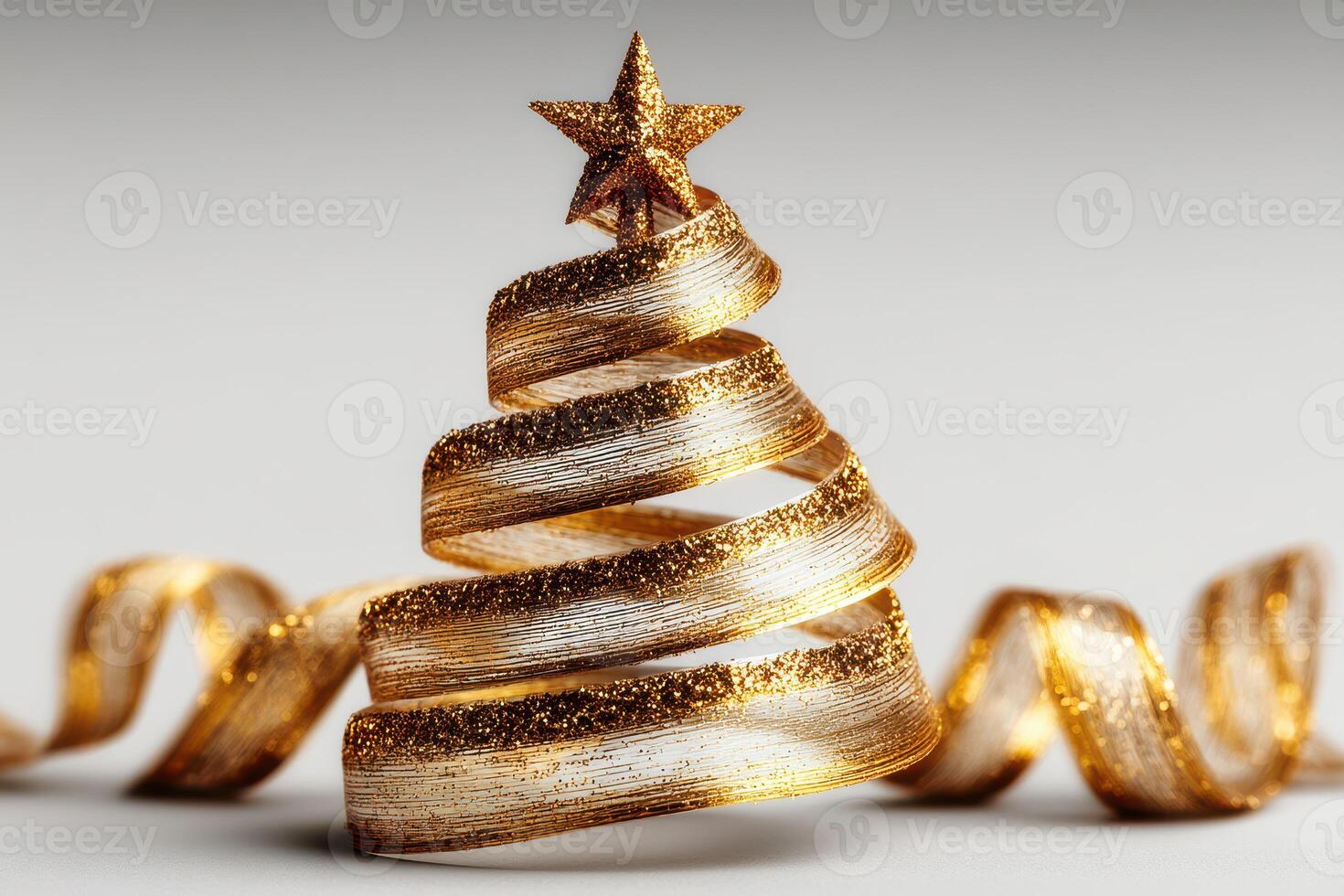 Golden ribbon tree decoration showcases festive spirit during holiday season preparations photo
