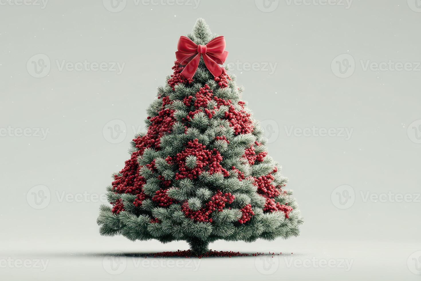 Christmas tree adorned with red decorations and a large bow stands against a light background, capturing the festive spirit photo
