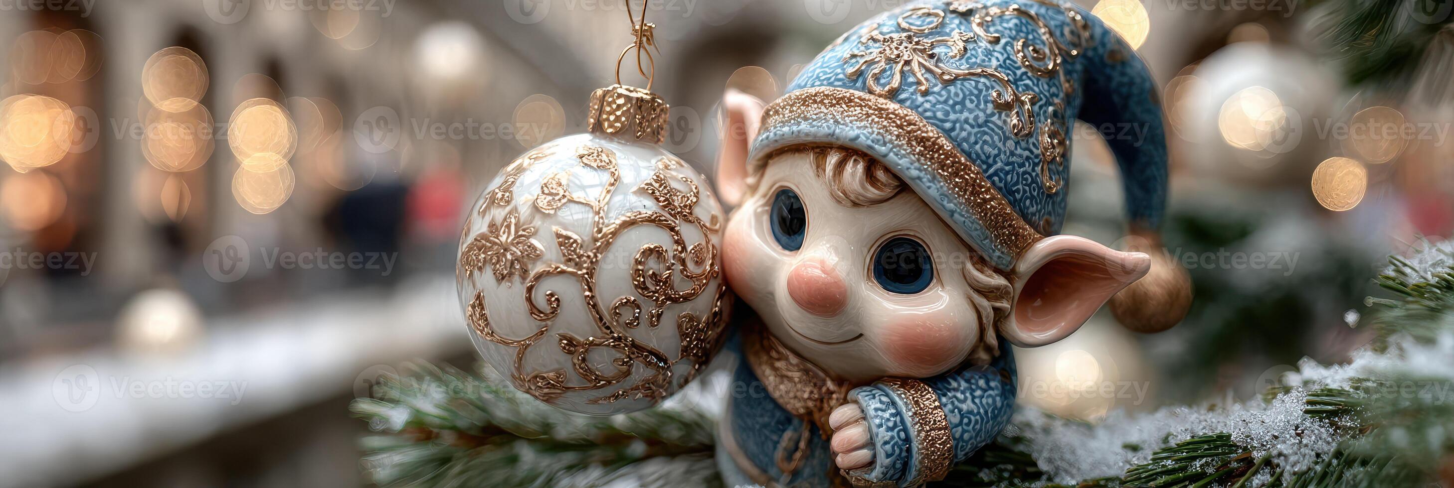 Holiday elf ornament hanging on a Christmas tree with glowing lights and snowfall in a festive atmosphere photo