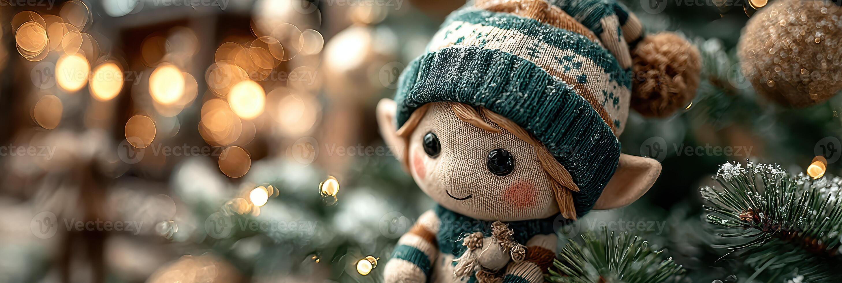 Festive elf doll adorned in cozy winter attire among twinkling lights on a Christmas tree photo