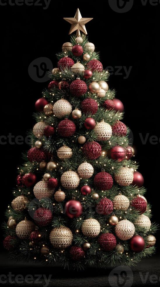 Beautifully decorated Christmas tree with red and gold ornaments shines brightly during the holiday season photo