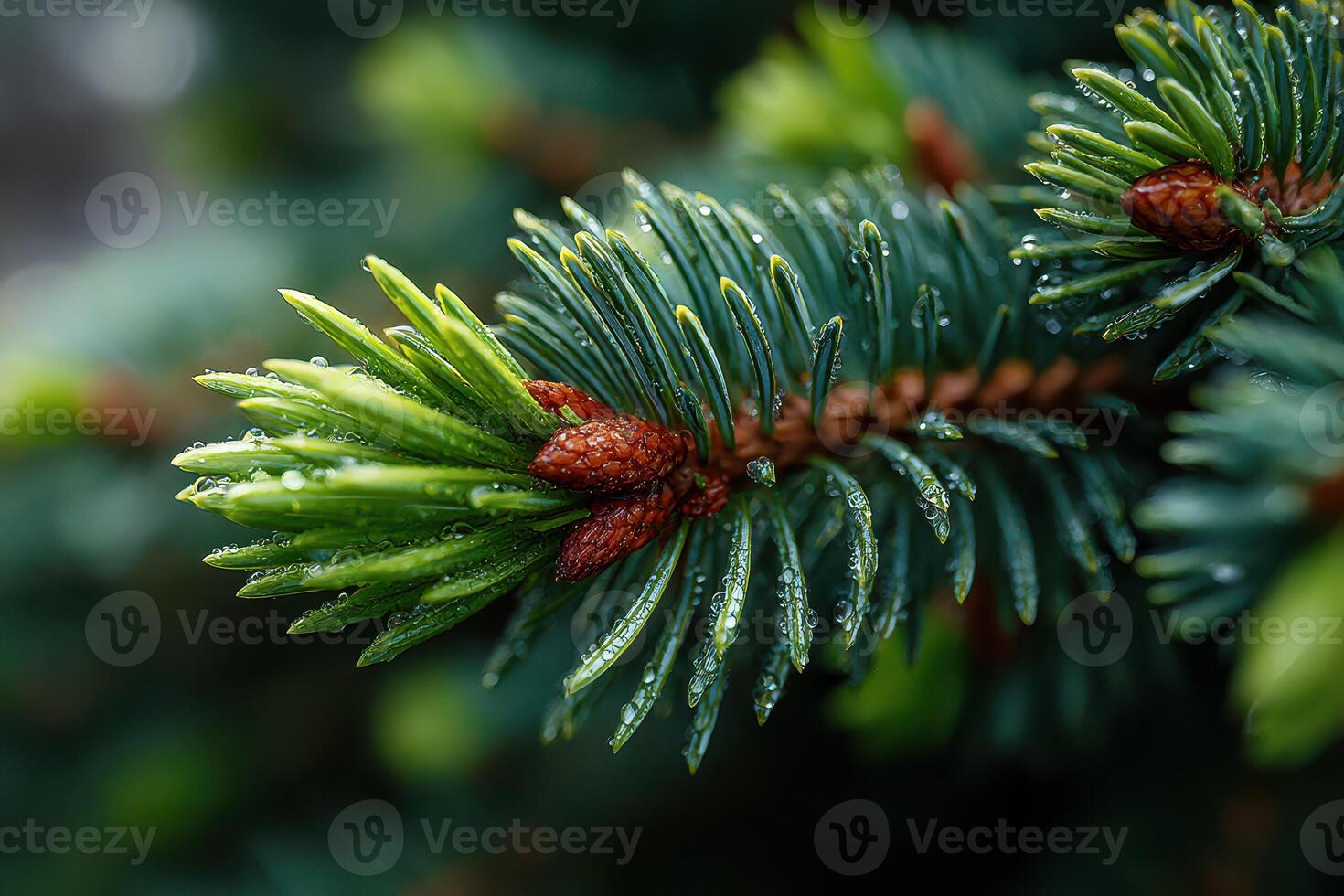Close-up view of evergreen tree branch with pine cones and water droplets detailing nature's beauty photo