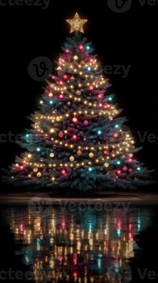 Glowing Christmas tree adorned with colorful ornaments reflecting on a surface at night during the holiday season photo