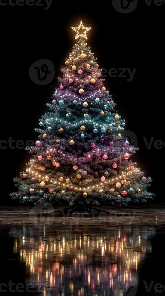 Colorful Christmas tree with glowing lights and ornaments set against a dark background photo